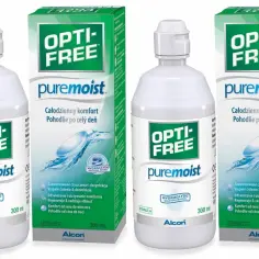 Dwie butelki i dwa pudełka płynu do soczewek Opti-Free Puremoist. Szukasz, czym zastąpić płyn do soczewek? Ten produkt zapewnia całodzienny komfort.