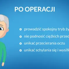 Po operacji zaćmy, starszy pan z plastrem na oku odpoczywa. Zalecenia: spokojny tryb życia, unikanie wysiłku.