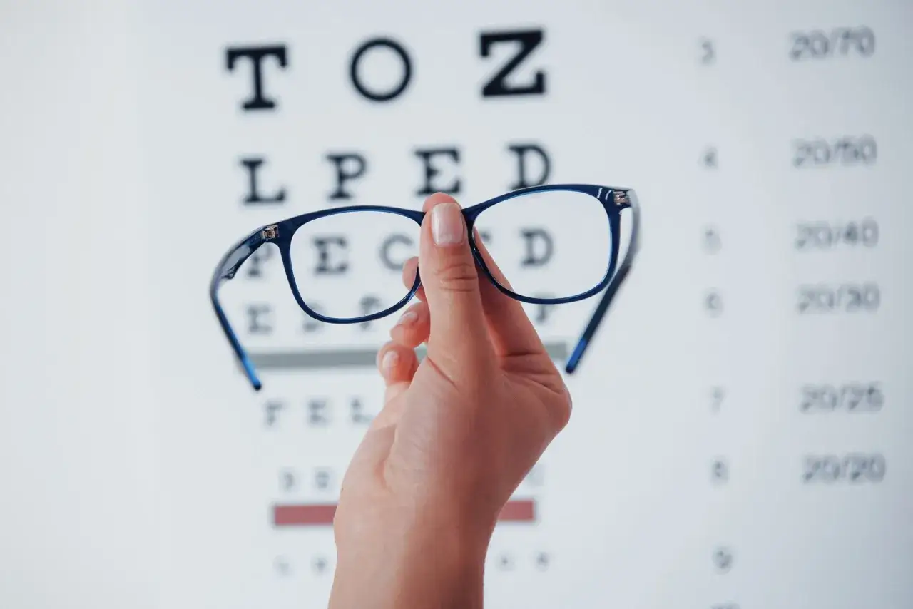 Okulary na tle tablicy Snellena. Zastanawiasz się, ile jest ważna recepta na okulary NFZ?