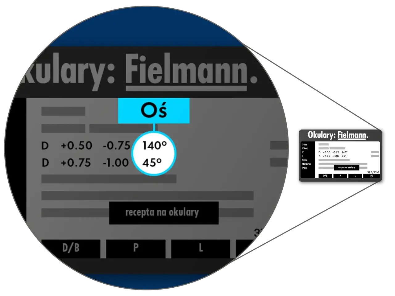 Dane z recepty na okulary Fielmann: soczewki sferyczne i cylindryczne, oś 140° i 45°. Ważność recepty jest kluczowa.