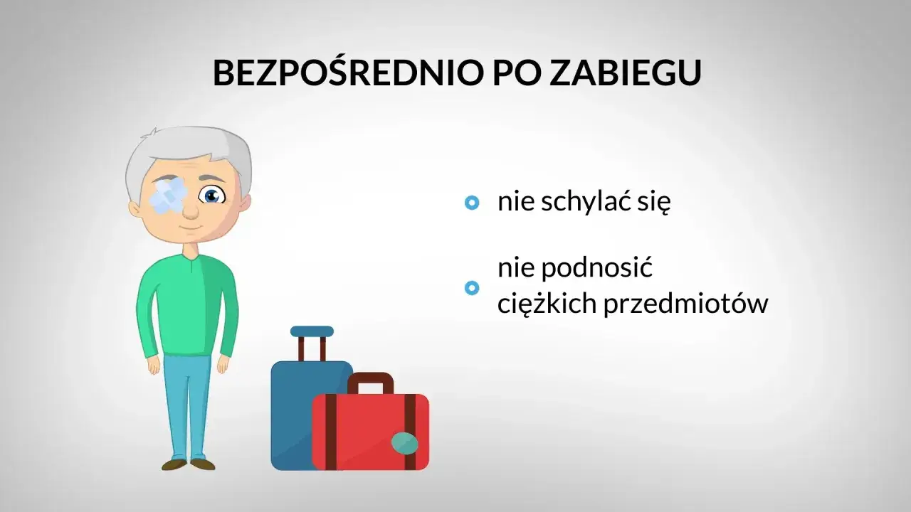 Starszy pan po operacji zaćmy z plastrem na oku, obok walizki. Zalecenia: nie schylać się, nie podnosić ciężkich przedmiotów.