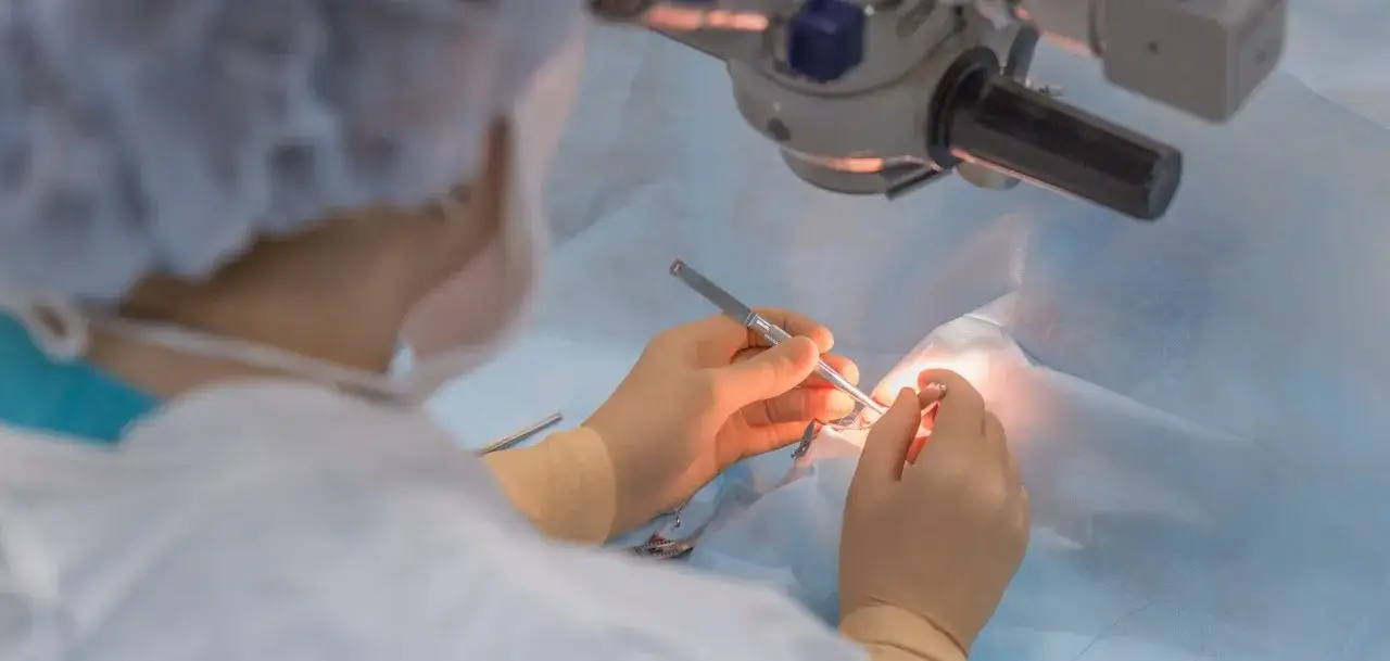 Chirurg wykonuje operację oka pod mikroskopem. Decyzja o tym, kiedy operować drugie oko z zaćmą, zależy od wielu czynników.