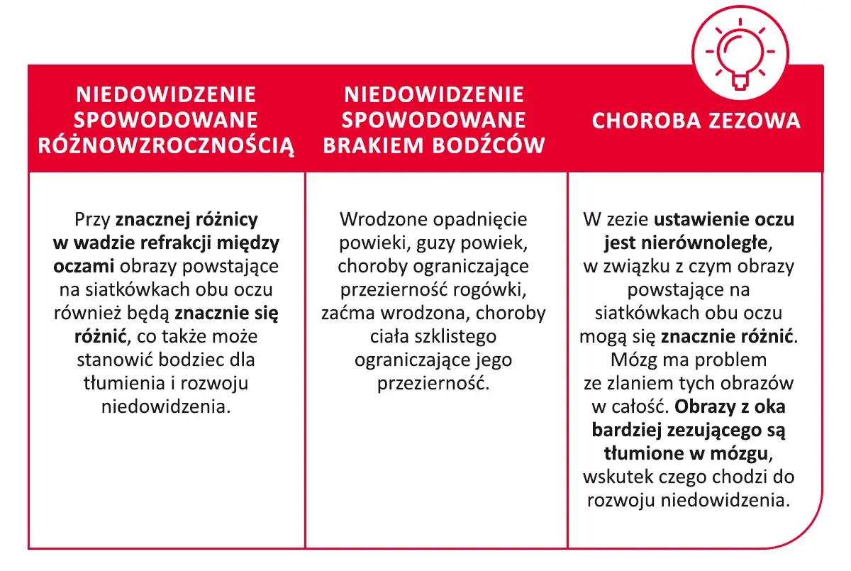 Różnice w wadzie refrakcji, wrodzone wady oczu i zez mogą prowadzić do niedowidzenia u dorosłych, gdy mózg tłumi obrazy z jednego oka.