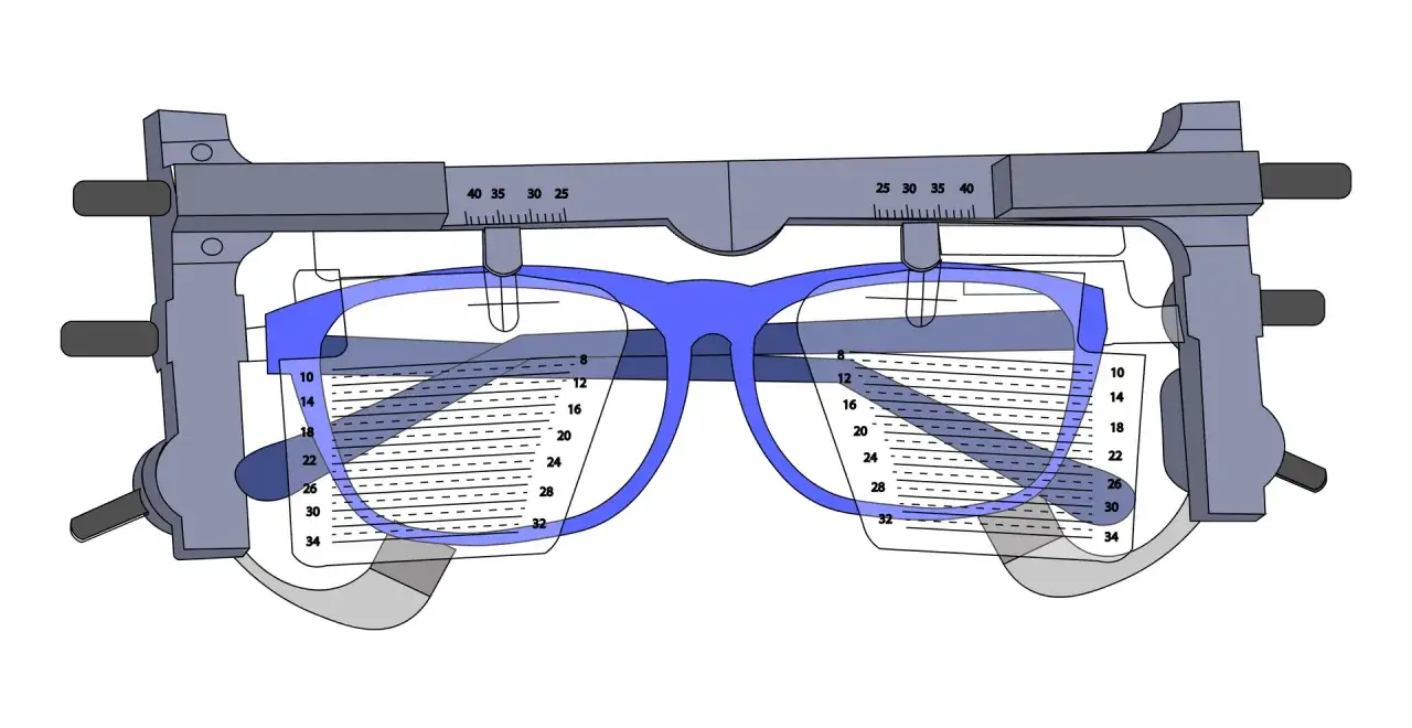 Przyrząd optometryczny z niebieskimi okularami, pokazujący jak wyciągnąć szkła z okularów. Skala pomaga w precyzyjnym pomiarze.